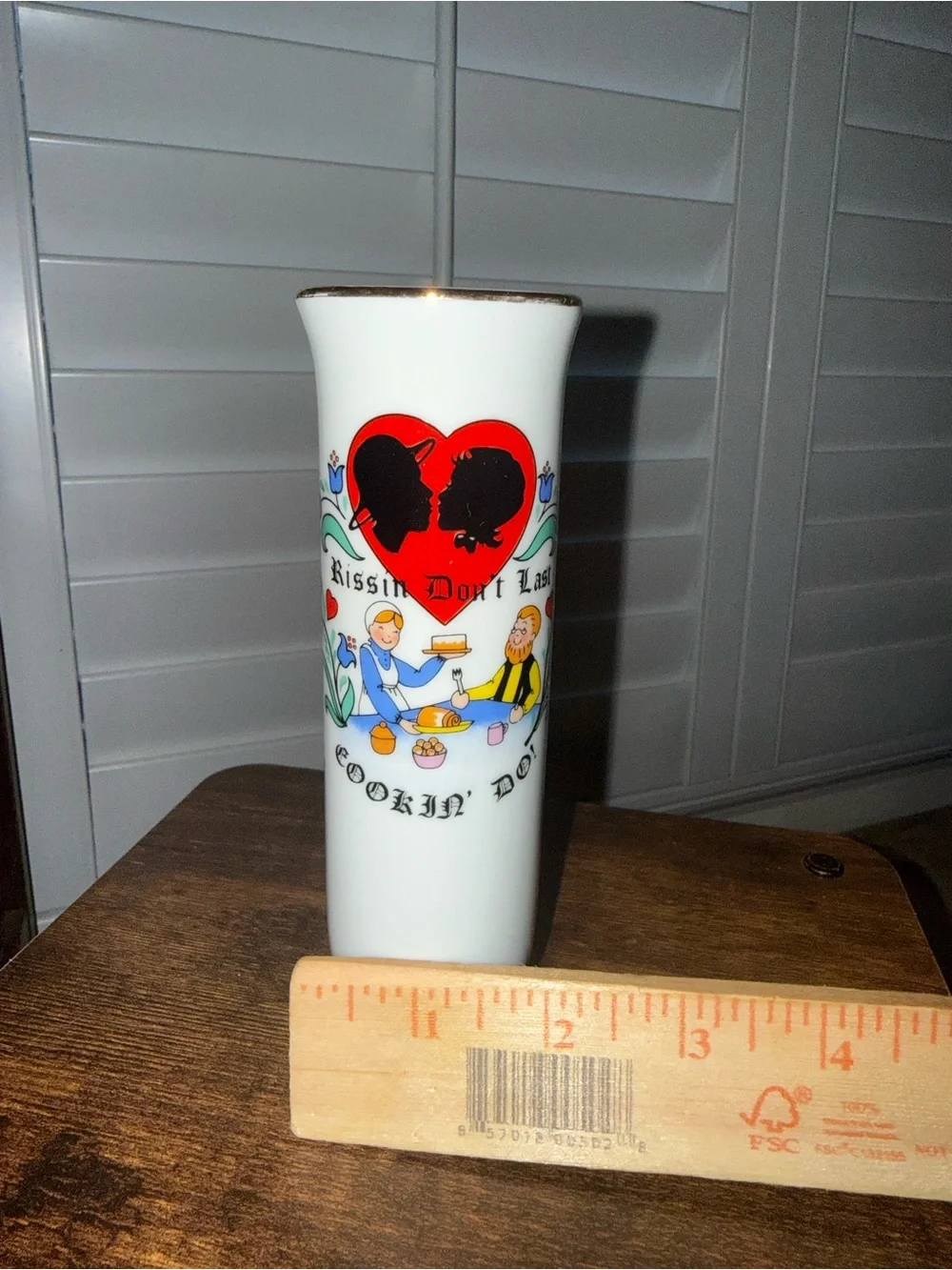 White Glass Decorative Vase with Red Heart Graphic